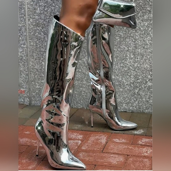 Women's Knee High Boots Pointed Toe Stiletto Heel Metallic Zipper Boots size 10 - Picture 2 of 14